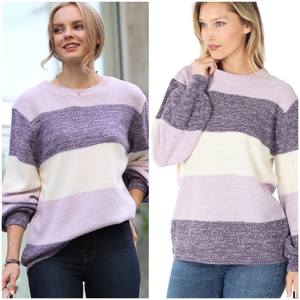 Relaxed Striped Crewneck Sweater in Lavender, Purple & Cream - Picture 6 of 6